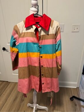 Giancarlo Ferrari Multicolor Striped Trench Coat - Red Collar